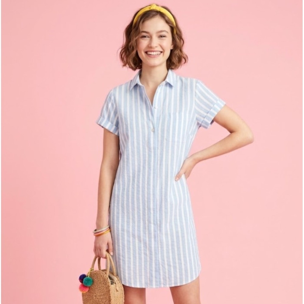 J.Crew Blue White Striped Linen Cotton Shirt Dress H4910 Womens S Short Sleeve